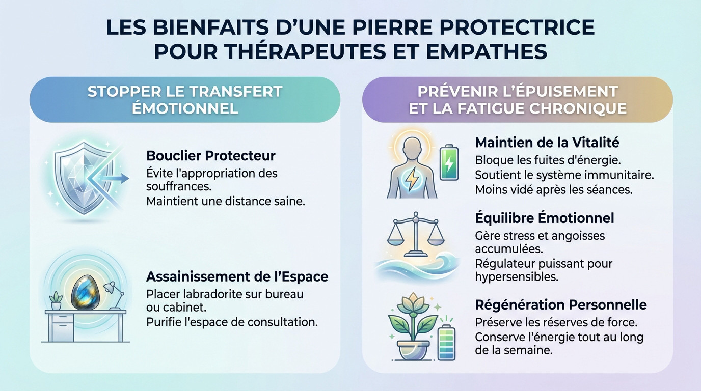 labradorite brute posée sur un bureau de thérapeute pour la protection énergétique