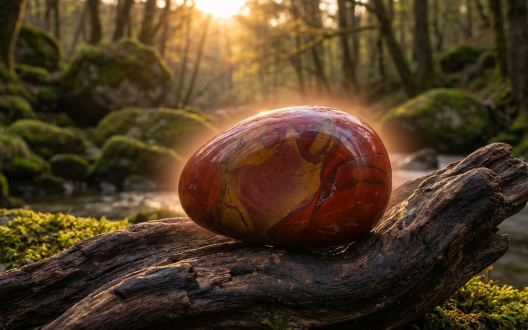 Polished red jasper, glowing warmly on weathered wood in a sunlit, blurred forest by a stream, symbolizing natural strength.