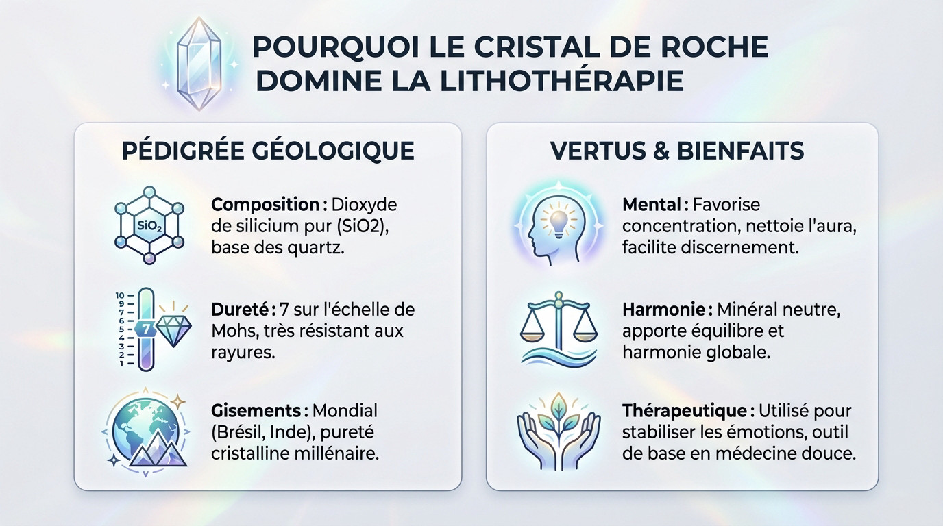 Cristal de roche brut et poli illustrant sa pureté minérale