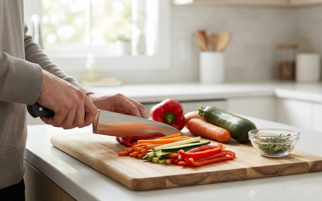 Hands expertly julienning carrots, zucchini, and red bell peppers on a wooden board in a modern kitchen, showcasing fresh prep.