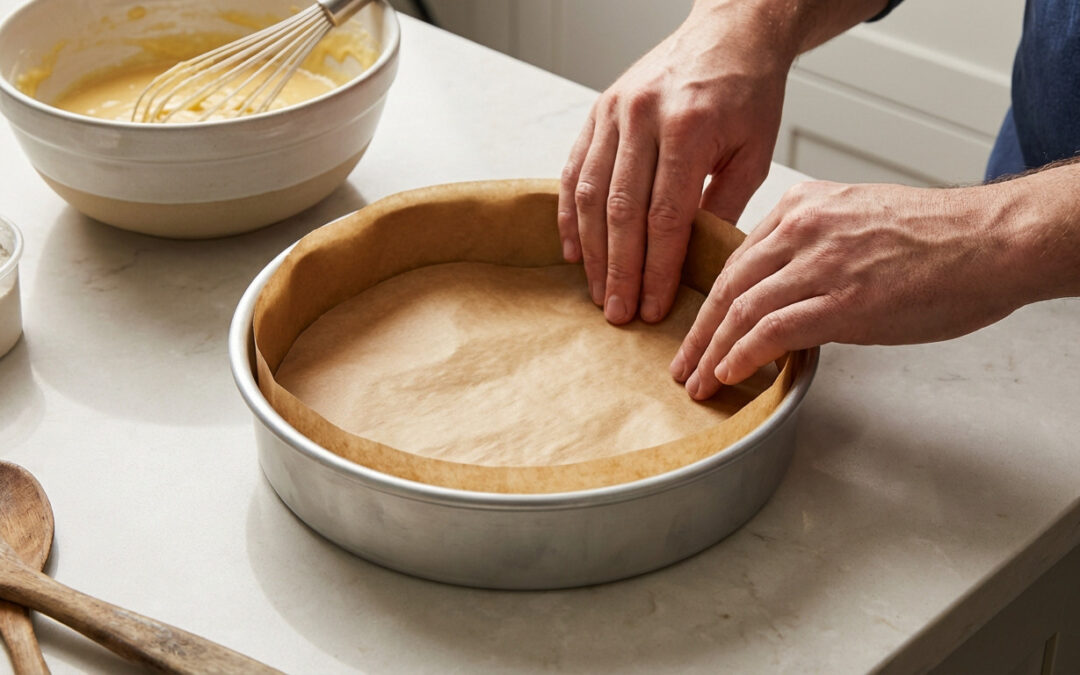 Hands pressing crinkled parchment paper into a round cake mold on a kitchen counter. Blurred bowl of batter and flour in background.
