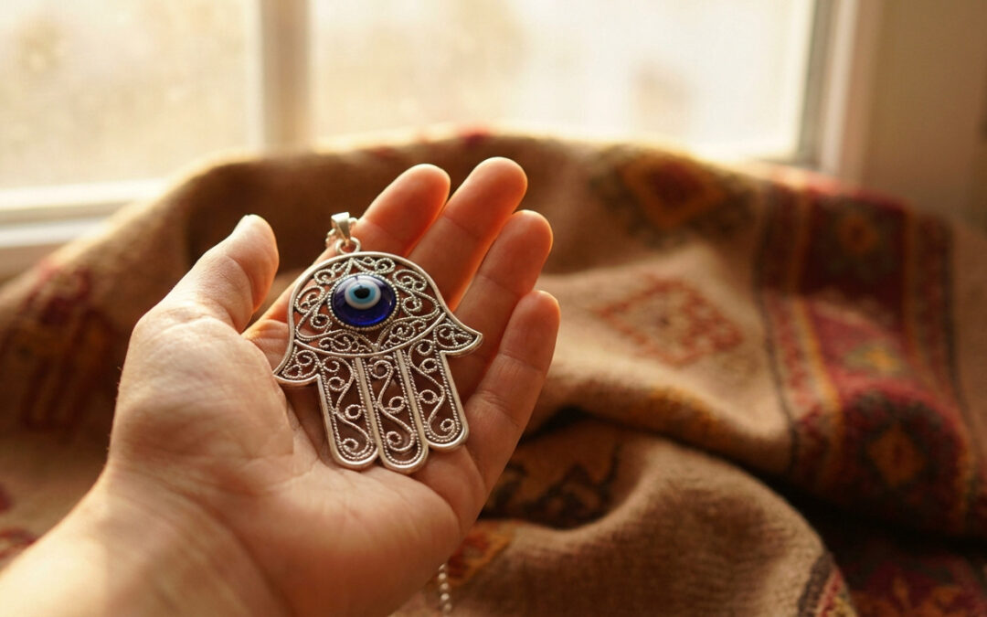 A hand gently holds a polished silver Khamsa amulet with a central deep blue evil eye against a blurred, warm, patterned fabric.