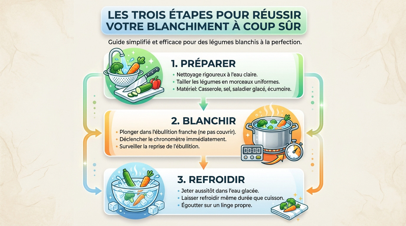 Légumes verts plongés dans l'eau bouillante pour illustrer les étapes du blanchiment