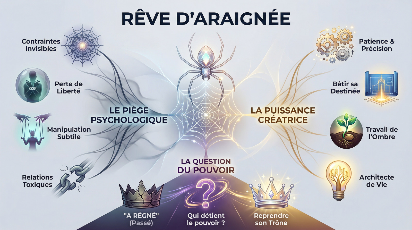 Illustration onirique d'une araignée tissant sa toile, symbolisant la dualité entre piège mental et créativité féminine