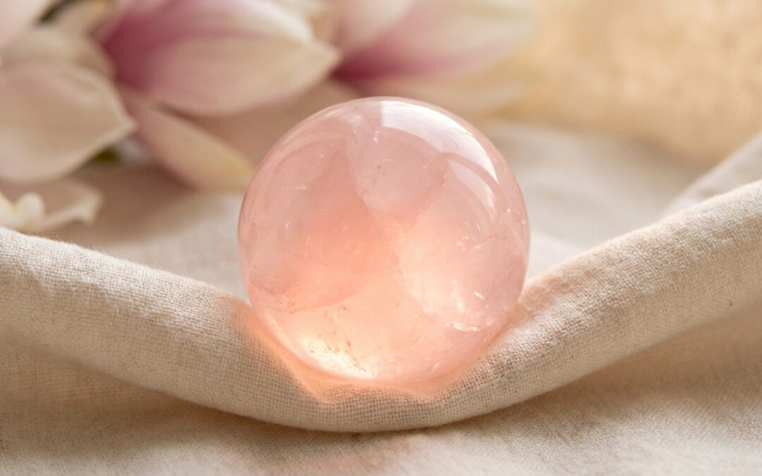 A smooth, translucent rose quartz sphere glowing soft pink, resting on creamy linen with blurred pink flower petals in the background.
