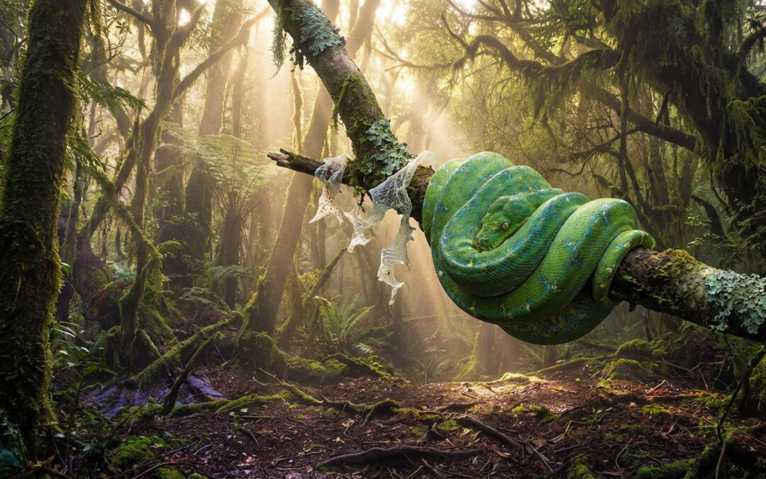 Majestic green python coiled on a mossy branch in a sunlit, ethereal forest. Shed skin symbolizes transformation and rebirth.