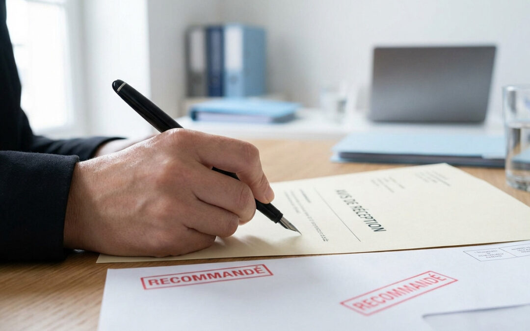 Main signant un avis de réception officiel avec un stylo noir sur un bureau. Une enveloppe 'Recommandé' rouge est visible, évoquant sécurité et importance.
