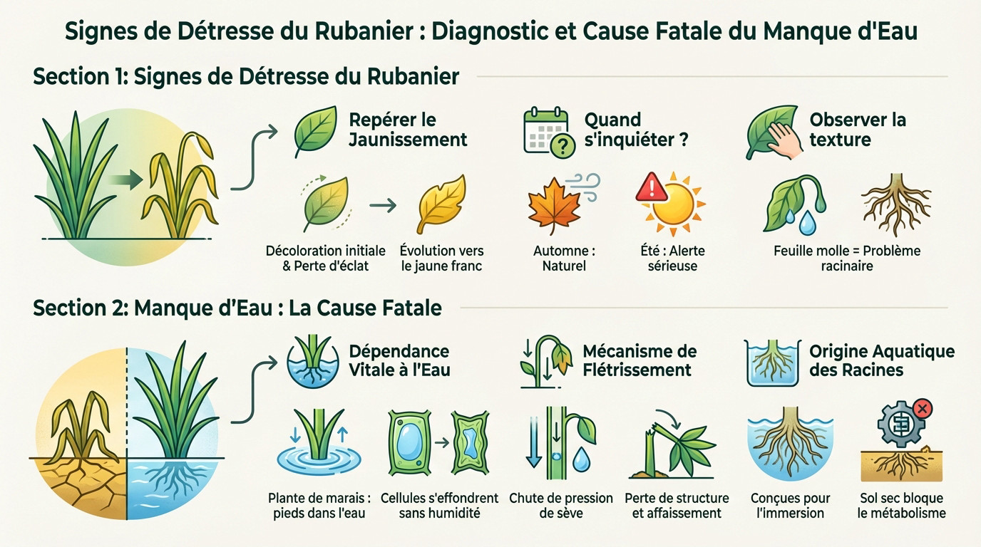 Feuilles de rubanier jaunissantes indiquant un stress hydrique important