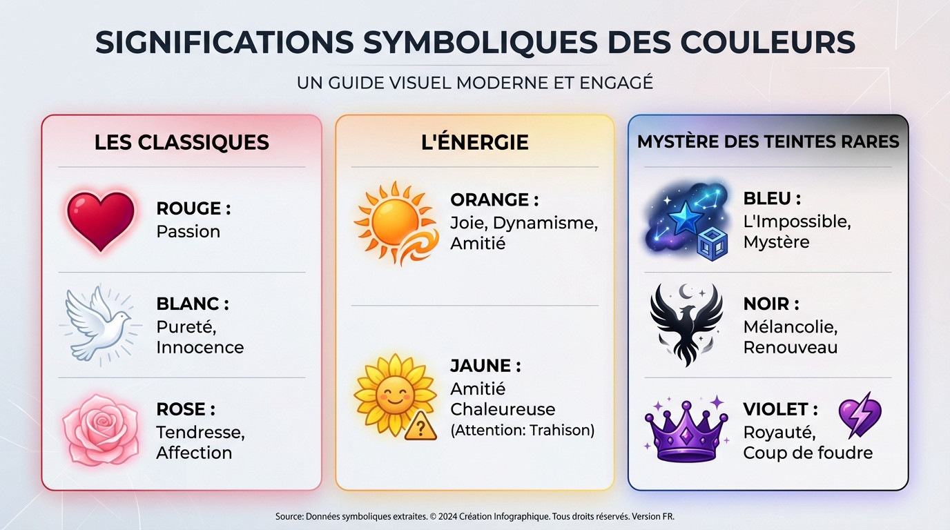 Tableau des significations symboliques des couleurs de roses : rouge, blanc, rose, jaune, orange, bleu, noir et violet