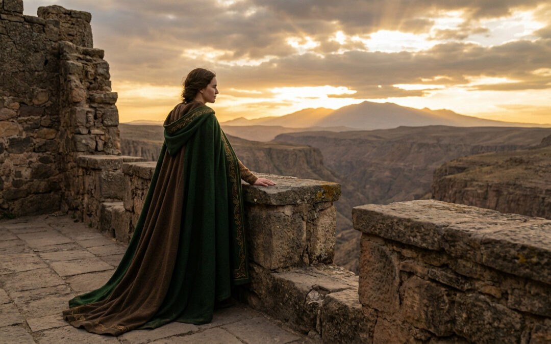 A woman in a flowing green and brown cloak stands on an ancient stone wall, gazing at a vast, sunlit canyon under a dramatic golden sky.