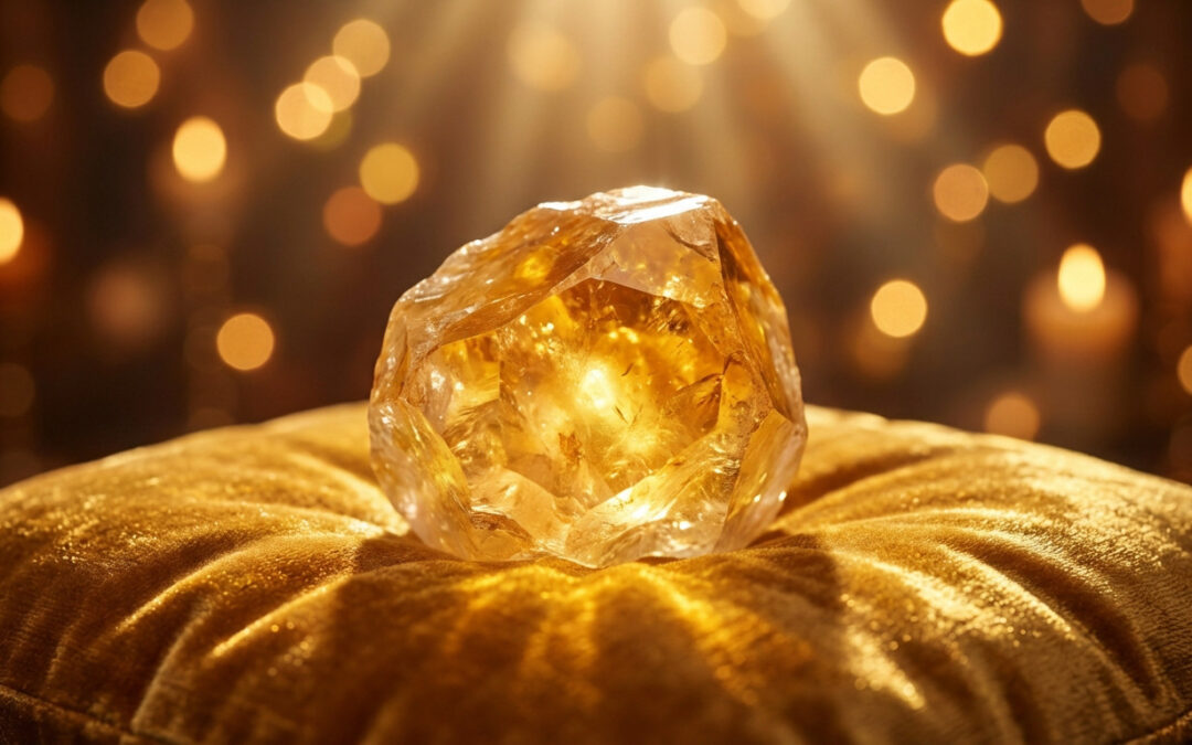 A vibrant golden citrine crystal, glowing from within, rests on a luxurious golden velvet cushion amidst warm, soft bokeh lights.