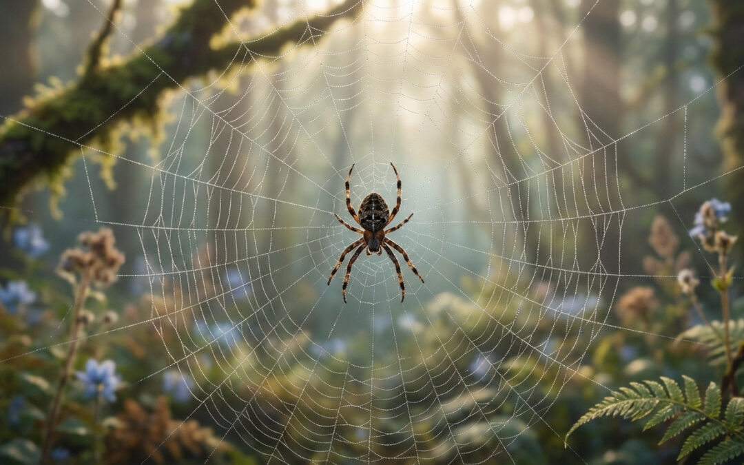 A detailed spider is centered on a glistening, dew-covered spiderweb, illuminated by soft morning light in a blurred forest background.