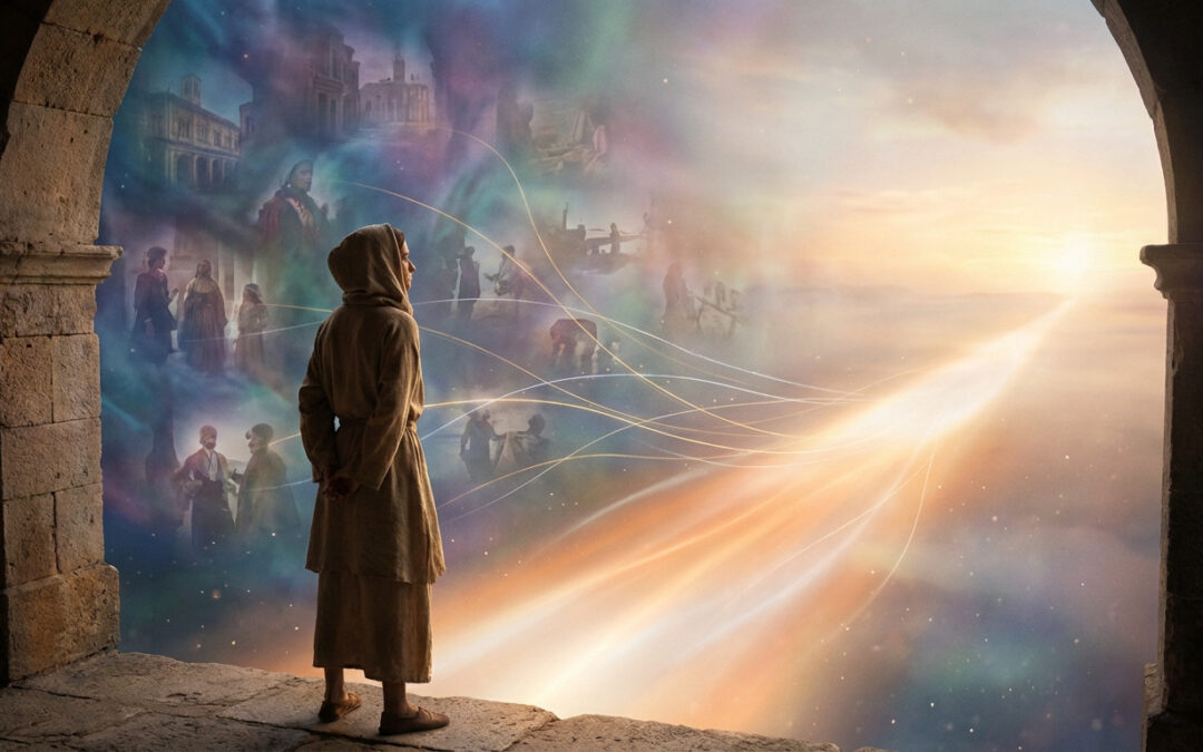 A robed figure on a stone threshold gazes at a luminous path stretching to a bright horizon. Swirling past scenes in deep hues are connected by ethereal lines to the glowing future.