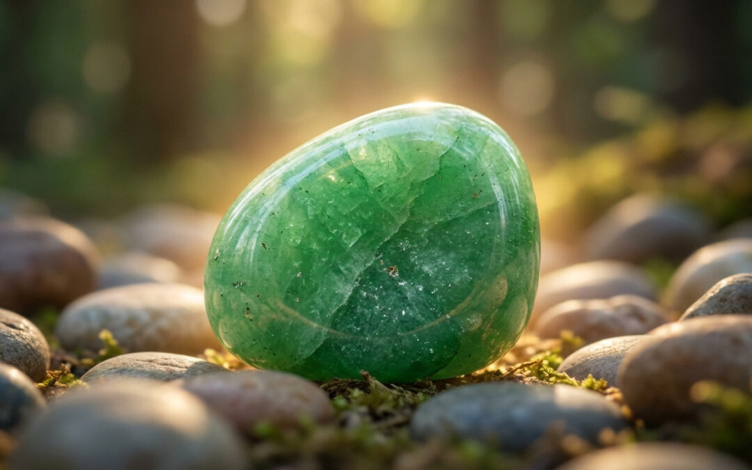 Close-up of a vibrant, polished green Aventurine gemstone on blurred river stones and moss, glowing under warm, natural light.