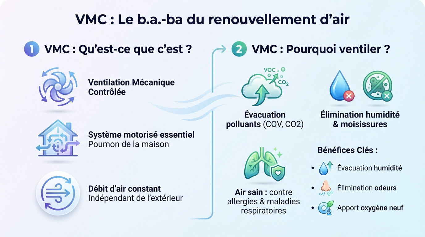 Schéma illustrant le principe de la ventilation mécanique contrôlée dans une habitation