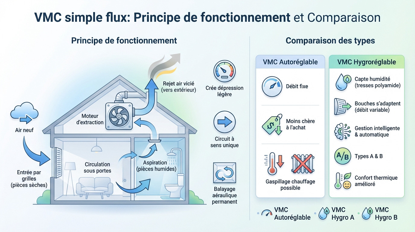 Schéma de fonctionnement d'une VMC simple flux et comparaison des types autoréglable et hygroréglable