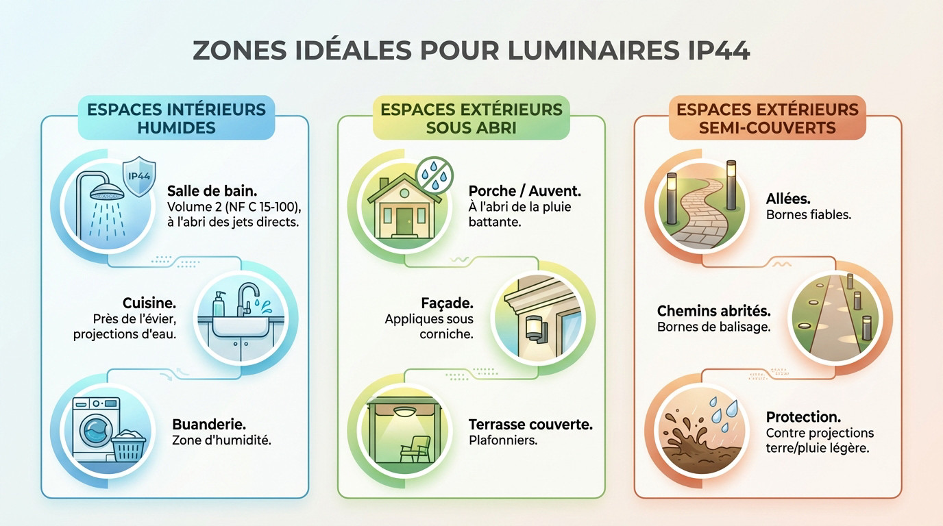 Schéma des zones d'installation luminaires IP44 salle de bain et extérieur